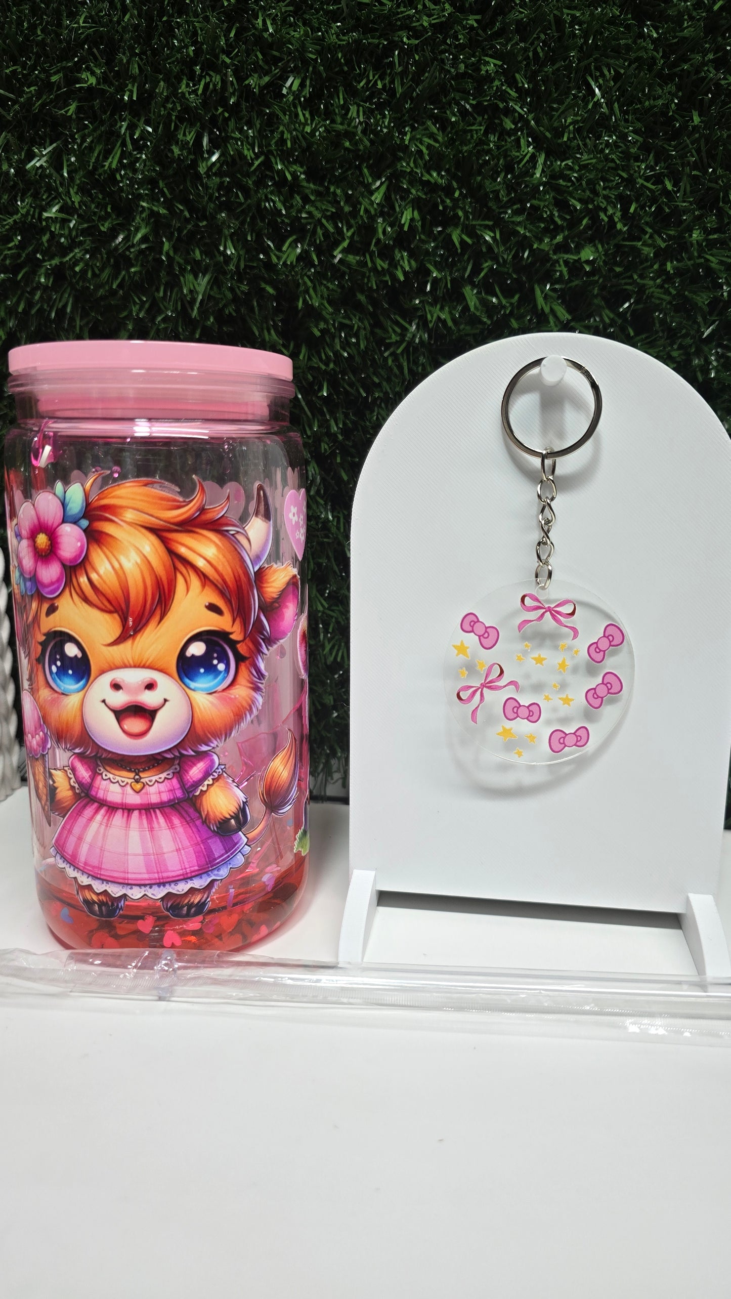 Premade Pink Highland 16oz Acrylic Drip Cup