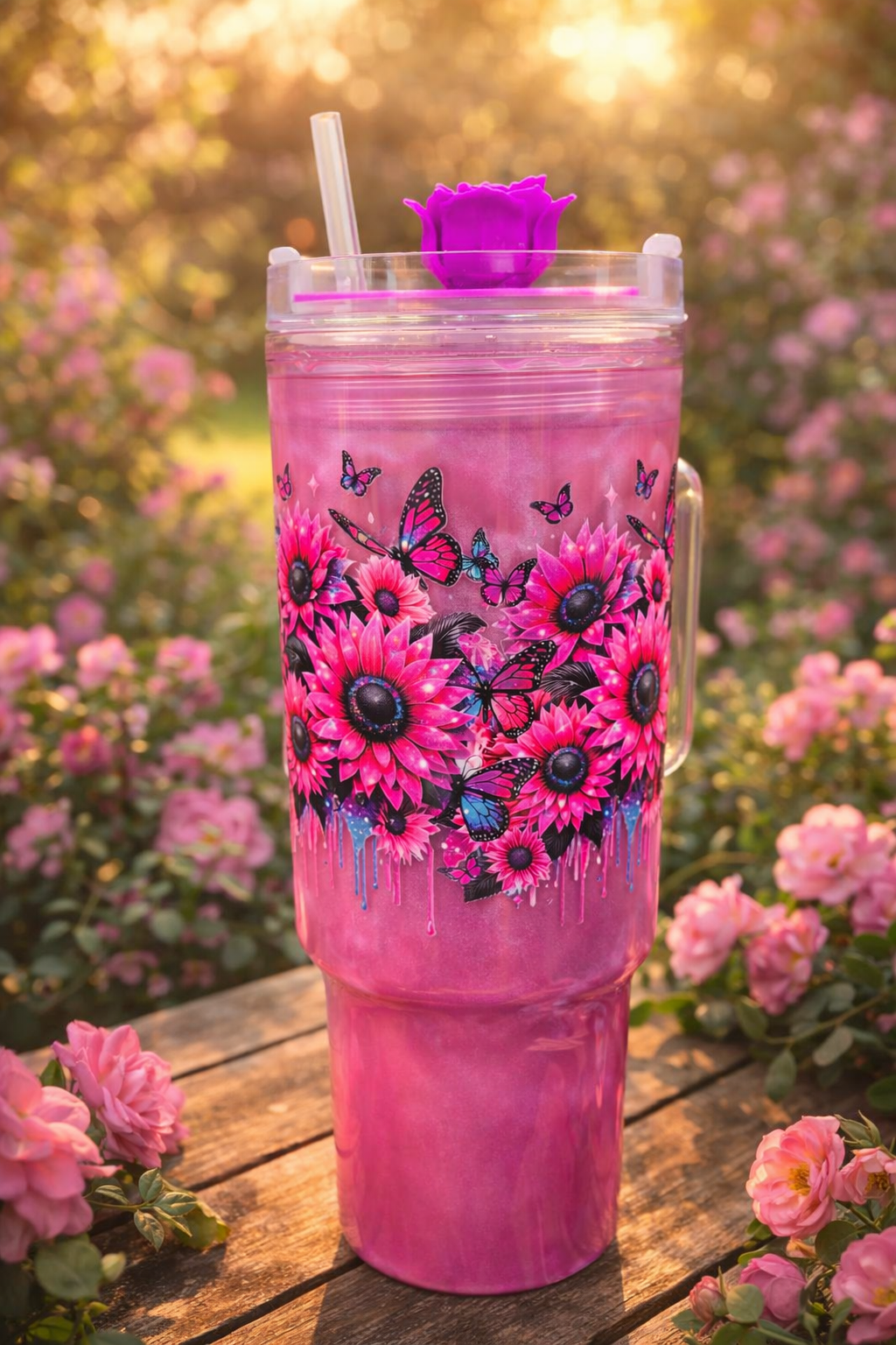 Butterfly & Rose Pink Cateye Tumbler – 40oz Floral Cup