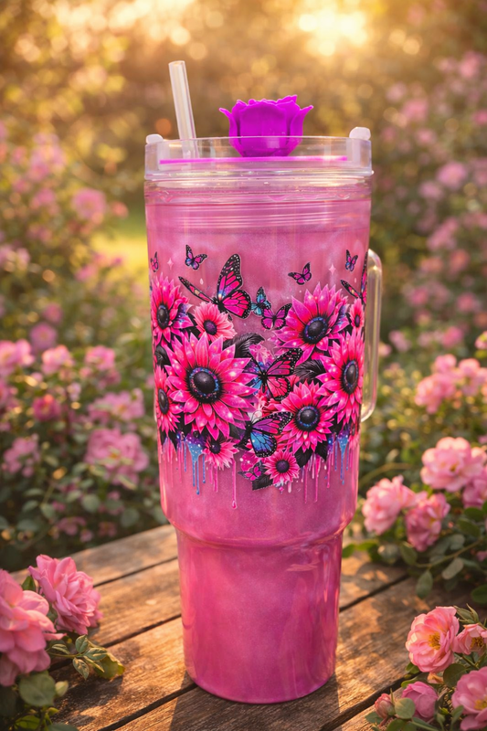 Butterfly & Rose Pink Cateye Tumbler – 40oz Floral Cup